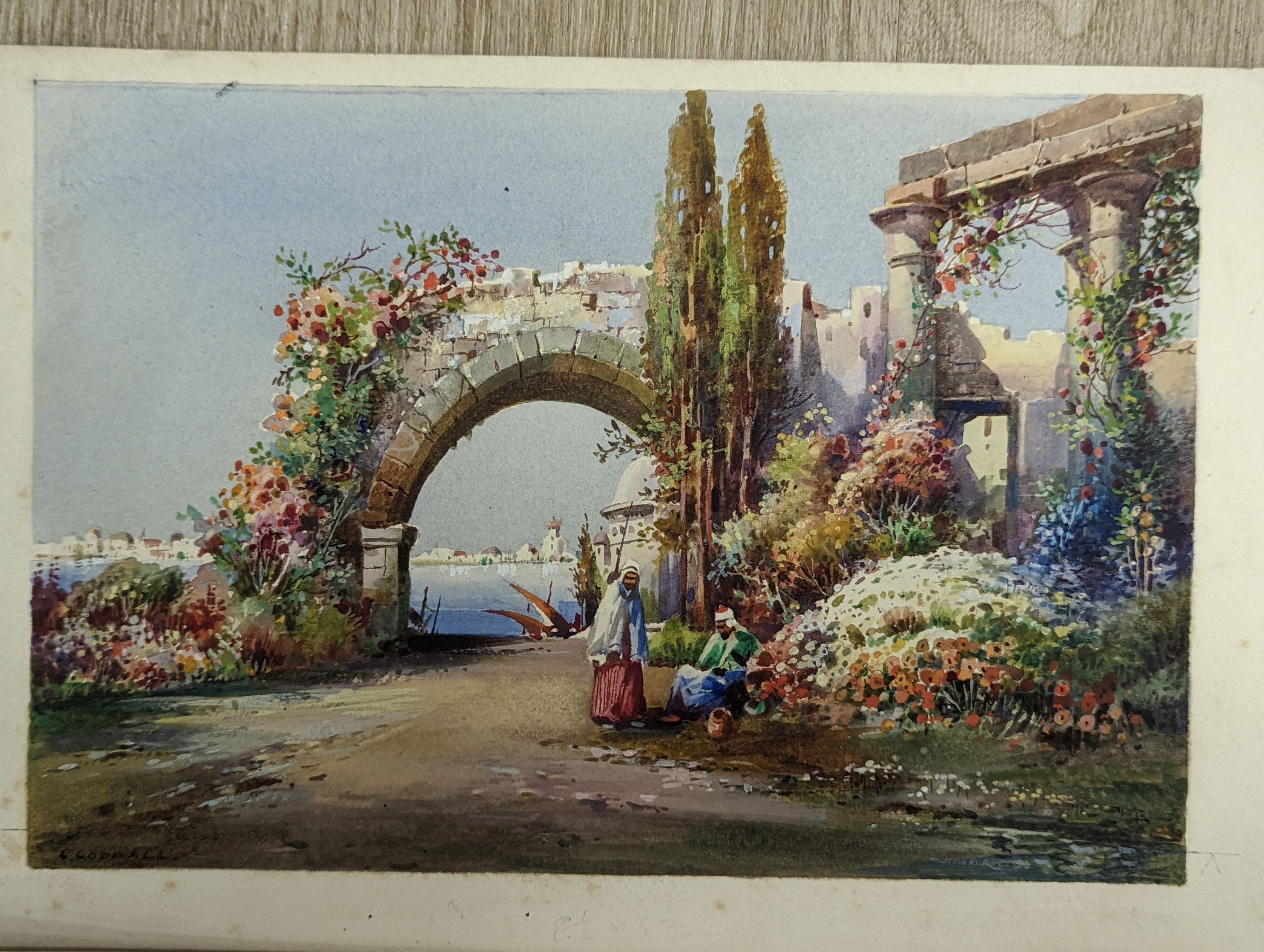 Annie Pressland (1862-1933), four watercolours; The Pergola, In The Rose Garden, The Rose Garden , Wannock & The Tea Court, Wannock, signed, 17.5 x 28cm. and two watercolours by George Goodall; A Glimpse of the Nile & An